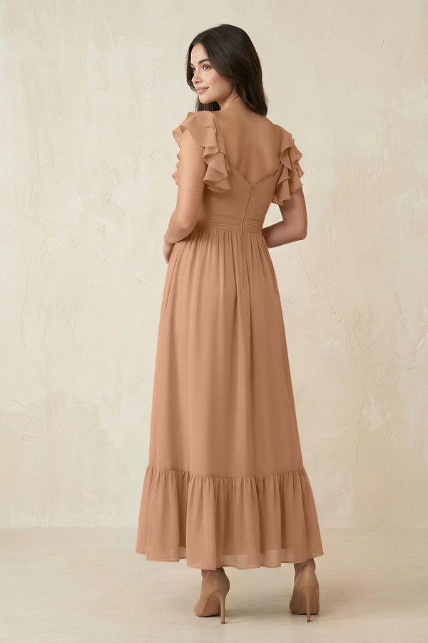 Flutter Sleeve Sweetheart A - Line Chiffon Bridesmaid Dress in Bronzer - KissProm Bridesmaid Dresses