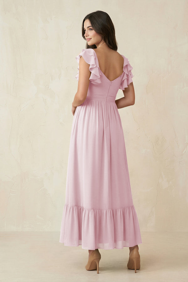 Flutter Sleeve Sweetheart A - Line Chiffon Bridesmaid Dress in Candy Pink - KissProm Bridesmaid Dresses
