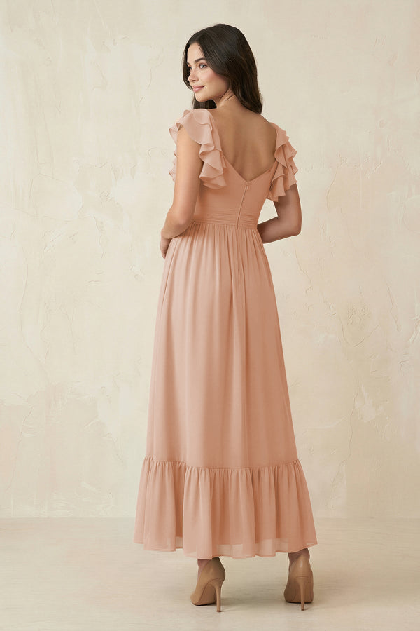 Flutter Sleeve Sweetheart A - Line Chiffon Bridesmaid Dress in Champagne Rose - KissProm Bridesmaid Dresses