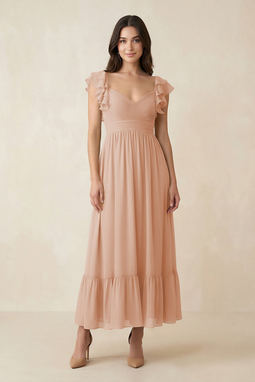 Flutter Sleeve Sweetheart A - Line Chiffon Bridesmaid Dress in Champagne Rose - KissProm Bridesmaid Dresses