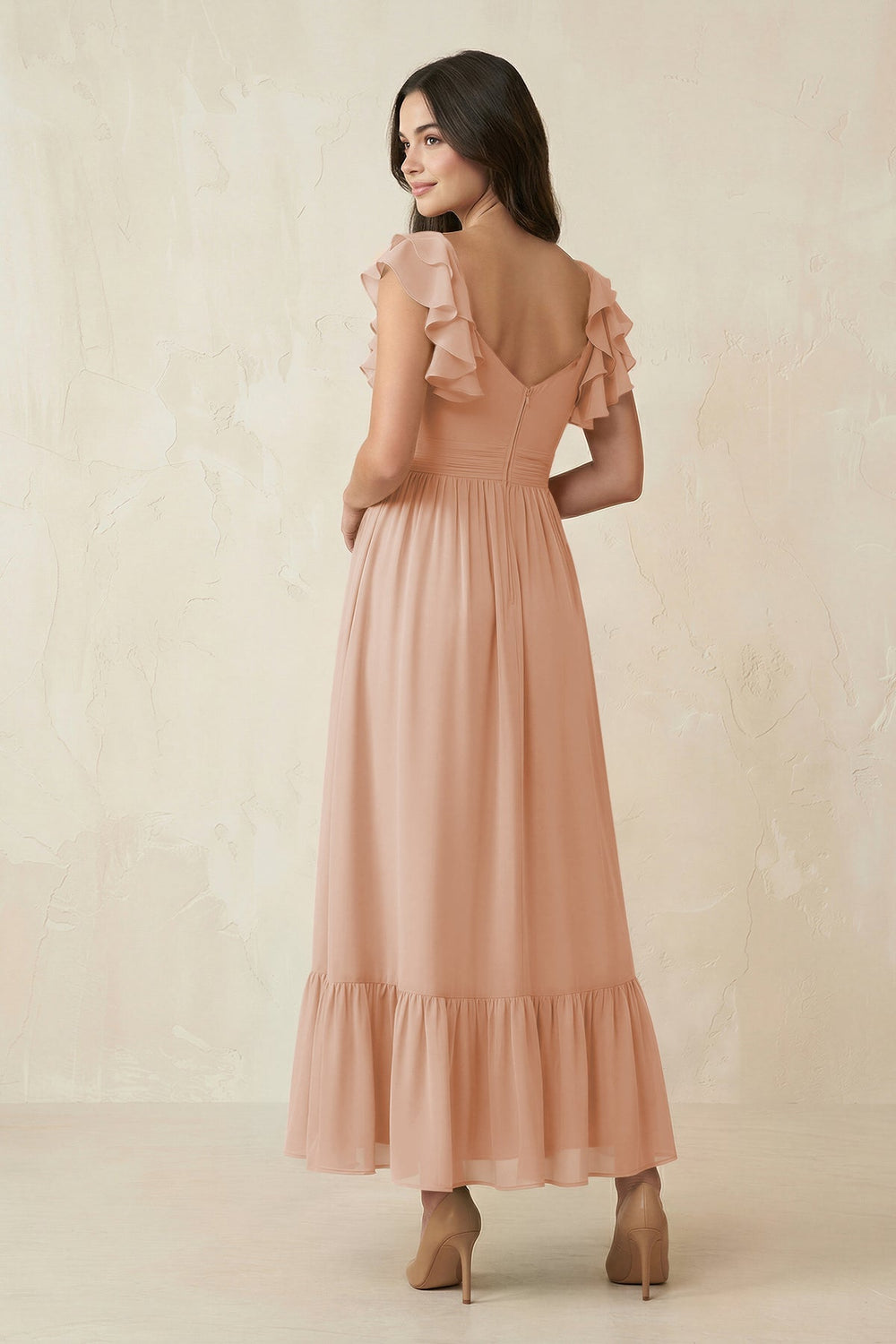 Flutter Sleeve Sweetheart A - Line Chiffon Bridesmaid Dress in Champagne Rose - KissProm Bridesmaid Dresses