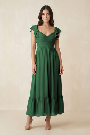 Flutter Sleeve Sweetheart A - Line Chiffon Bridesmaid Dress in Dark Green - KissProm Bridesmaid Dresses