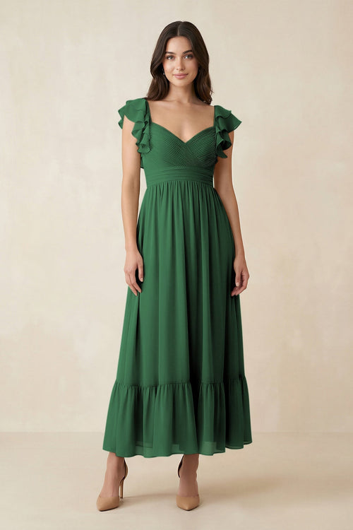 Flutter Sleeve Sweetheart A - Line Chiffon Bridesmaid Dress in Dark Green - KissProm Bridesmaid Dresses