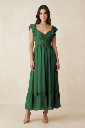 Flutter Sleeve Sweetheart A - Line Chiffon Bridesmaid Dress in Dark Green - KissProm Bridesmaid Dresses