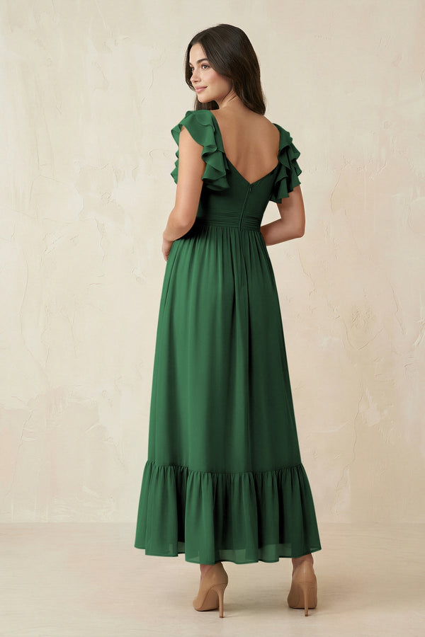 Flutter Sleeve Sweetheart A - Line Chiffon Bridesmaid Dress in Dark Green - KissProm Bridesmaid Dresses