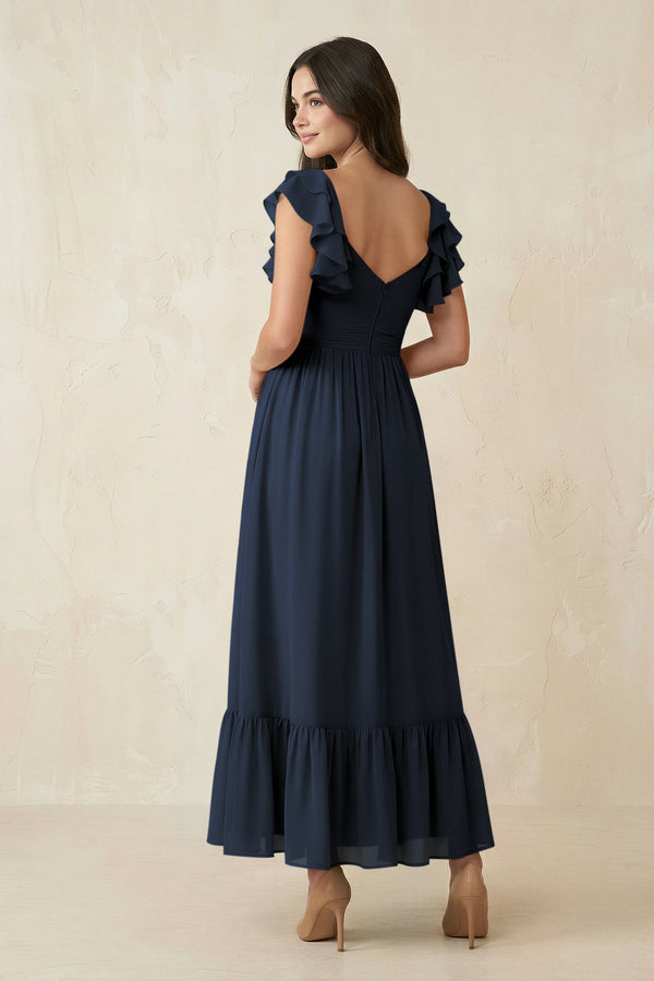 Flutter Sleeve Sweetheart A - Line Chiffon Bridesmaid Dress in Dark Navy - KissProm Bridesmaid Dresses