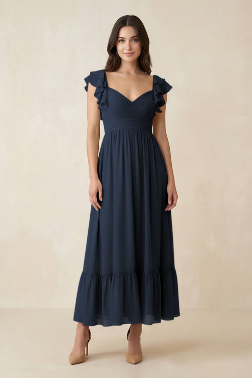 Flutter Sleeve Sweetheart A - Line Chiffon Bridesmaid Dress in Dark Navy - KissProm Bridesmaid Dresses