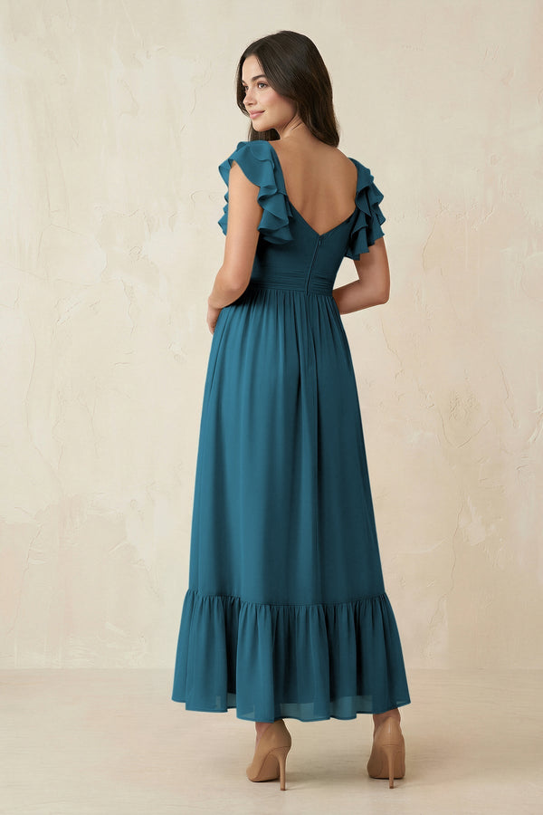 Flutter Sleeve Sweetheart A - Line Chiffon Bridesmaid Dress in Dark Teal - KissProm Bridesmaid Dresses