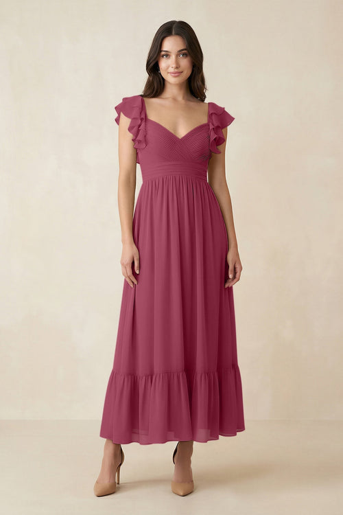 Flutter Sleeve Sweetheart A - Line Chiffon Bridesmaid Dress in Desert Rose - KissProm Bridesmaid Dresses