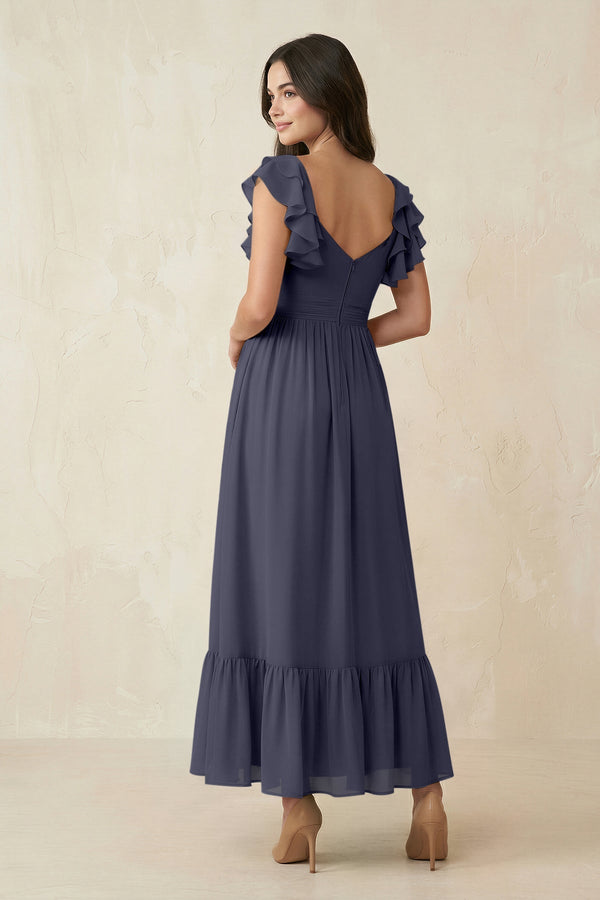Flutter Sleeve Sweetheart A - Line Chiffon Bridesmaid Dress in Dusk Blue - KissProm Bridesmaid Dresses