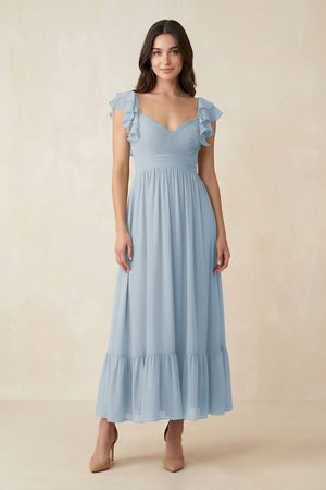 Flutter Sleeve Sweetheart A - Line Chiffon Bridesmaid Dress in Dusty Blue - KissProm Bridesmaid Dresses