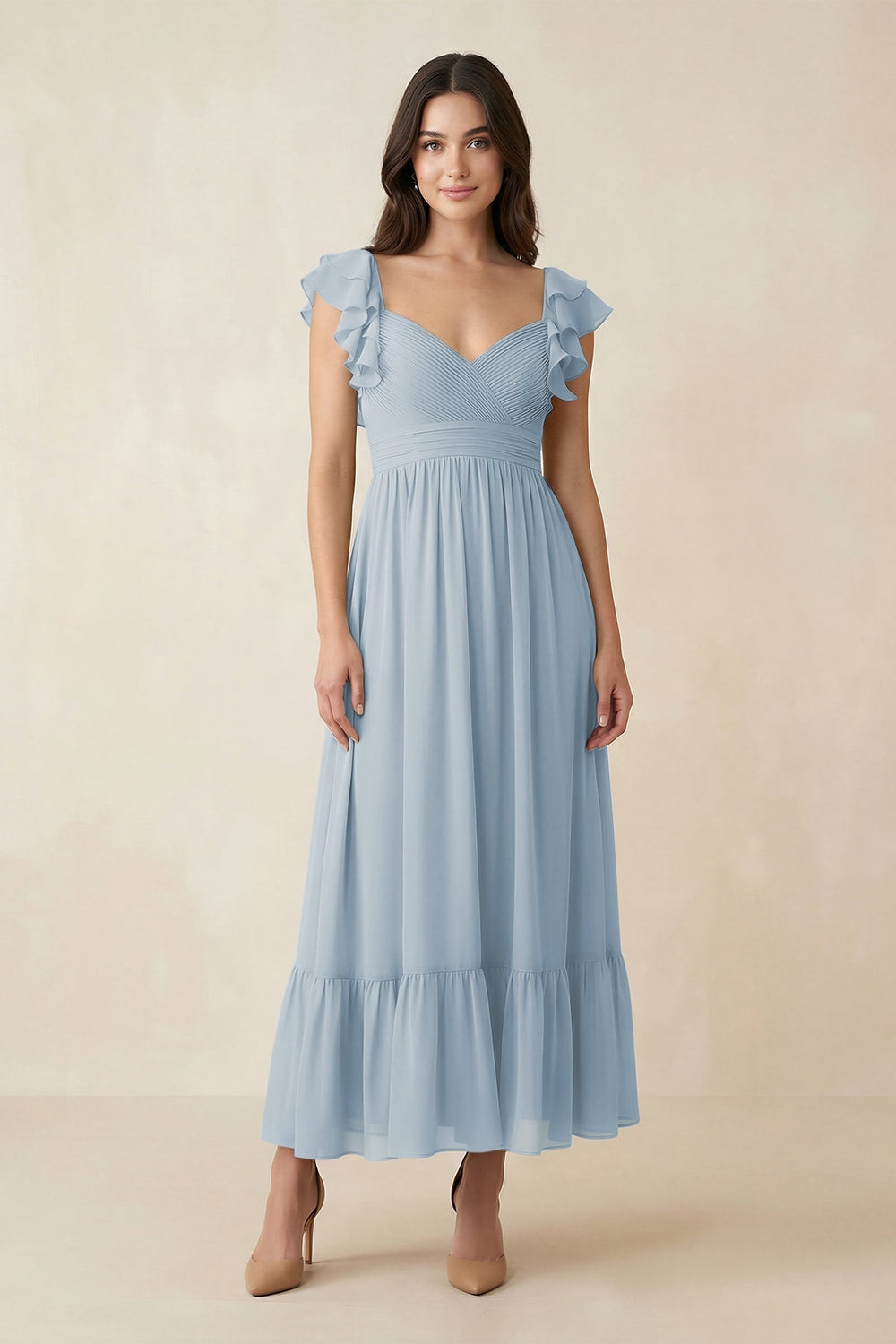Flutter Sleeve Sweetheart A - Line Chiffon Bridesmaid Dress in Dusty Blue - KissProm Bridesmaid Dresses