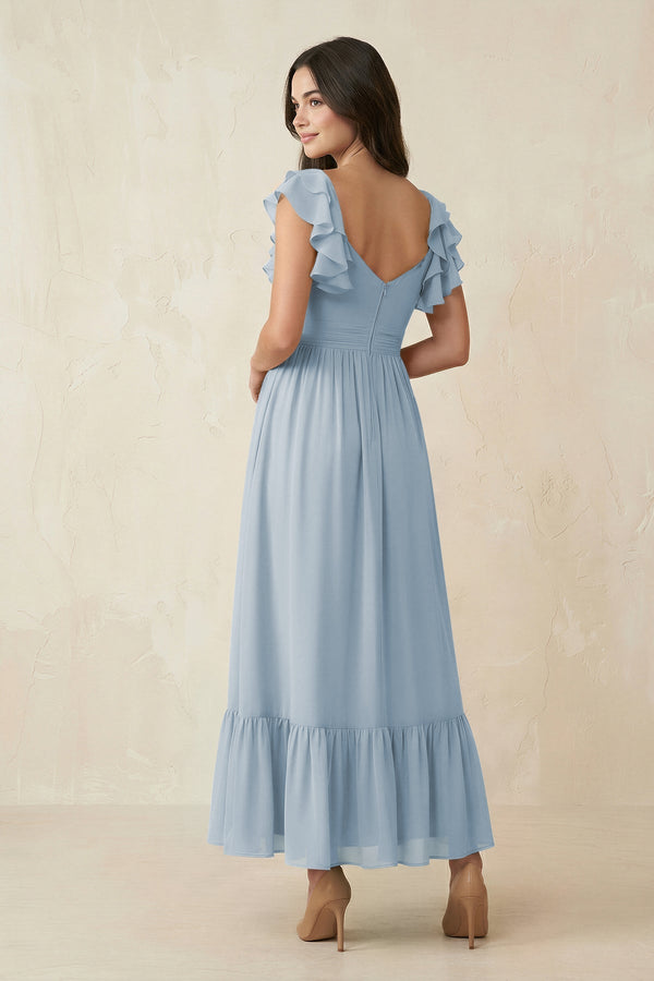 Flutter Sleeve Sweetheart A - Line Chiffon Bridesmaid Dress in Dusty Blue - KissProm Bridesmaid Dresses