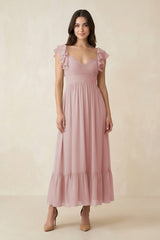 Flutter Sleeve Sweetheart A - Line Chiffon Bridesmaid Dress in Dusty Rose - KissProm Bridesmaid Dresses