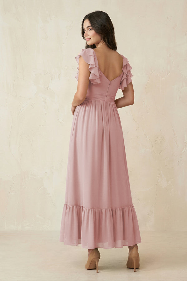 Flutter Sleeve Sweetheart A - Line Chiffon Bridesmaid Dress in Dusty Rose - KissProm Bridesmaid Dresses