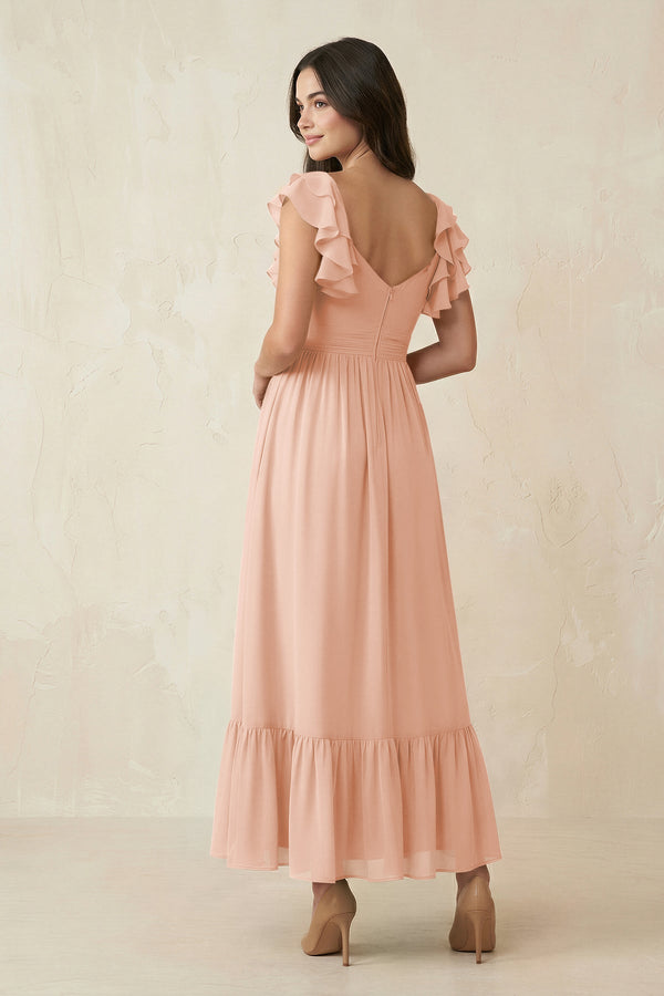 Flutter Sleeve Sweetheart A - Line Chiffon Bridesmaid Dress in English Rose - KissProm Bridesmaid Dresses
