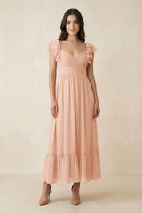 Flutter Sleeve Sweetheart A - Line Chiffon Bridesmaid Dress in English Rose - KissProm Bridesmaid Dresses