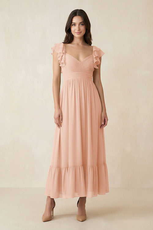 Flutter Sleeve Sweetheart A - Line Chiffon Bridesmaid Dress in English Rose - KissProm Bridesmaid Dresses