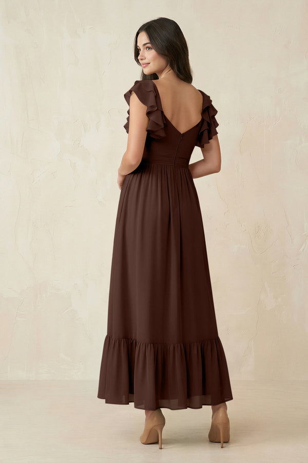 Flutter Sleeve Sweetheart A - Line Chiffon Bridesmaid Dress in Espresso - KissProm Bridesmaid Dresses
