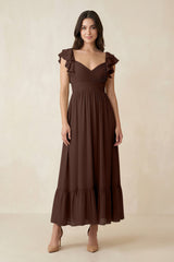 Flutter Sleeve Sweetheart A - Line Chiffon Bridesmaid Dress in Espresso - KissProm Bridesmaid Dresses