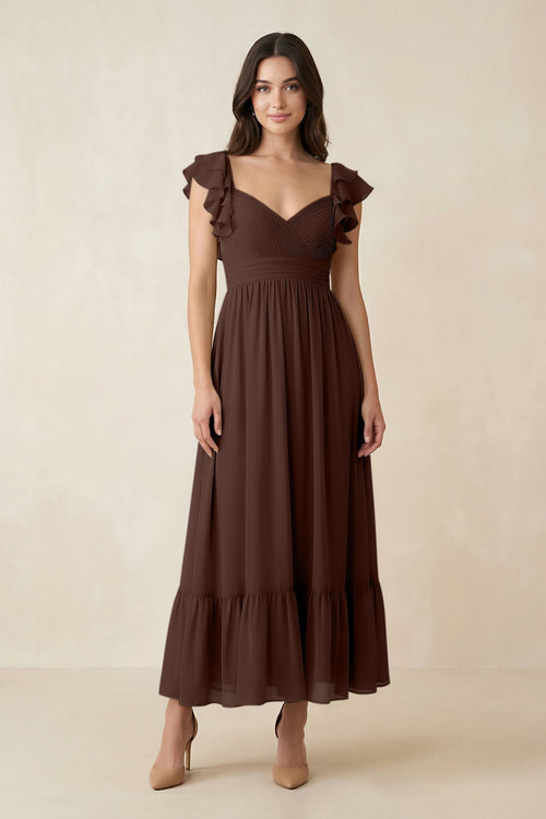 Flutter Sleeve Sweetheart A - Line Chiffon Bridesmaid Dress in Espresso - KissProm Bridesmaid Dresses