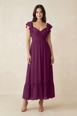 Flutter Sleeve Sweetheart A - Line Chiffon Bridesmaid Dress in Fig - KissProm Bridesmaid Dresses