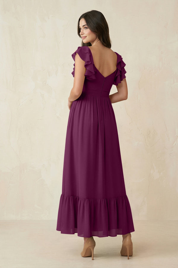 Flutter Sleeve Sweetheart A - Line Chiffon Bridesmaid Dress in Fig - KissProm Bridesmaid Dresses