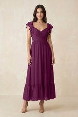 Flutter Sleeve Sweetheart A - Line Chiffon Bridesmaid Dress in Fig - KissProm Bridesmaid Dresses