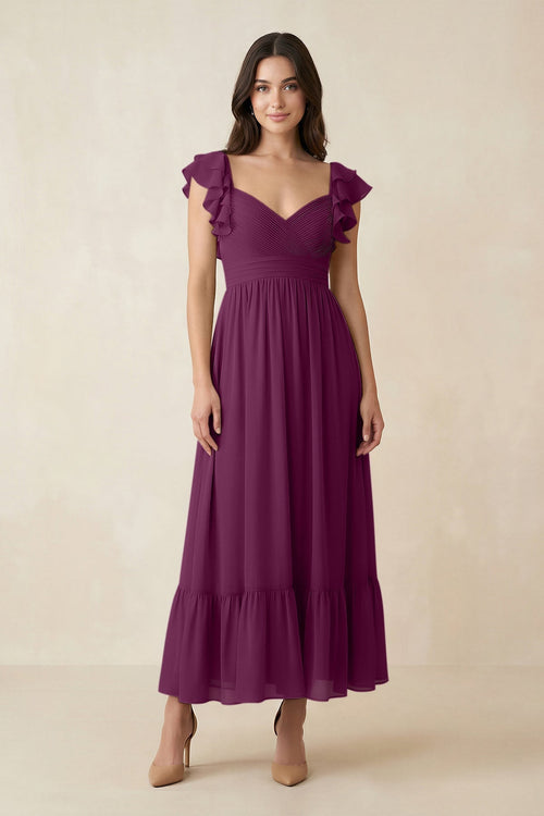 Flutter Sleeve Sweetheart A - Line Chiffon Bridesmaid Dress in Fig - KissProm Bridesmaid Dresses