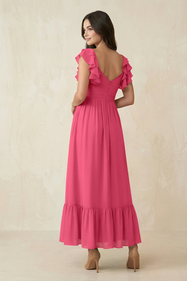 Flutter Sleeve Sweetheart A - Line Chiffon Bridesmaid Dress in Fuchsia - KissProm Bridesmaid Dresses