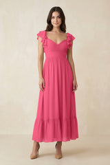 Flutter Sleeve Sweetheart A - Line Chiffon Bridesmaid Dress in Fuchsia - KissProm Bridesmaid Dresses