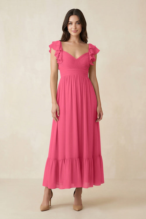 Flutter Sleeve Sweetheart A - Line Chiffon Bridesmaid Dress in Fuchsia - KissProm Bridesmaid Dresses