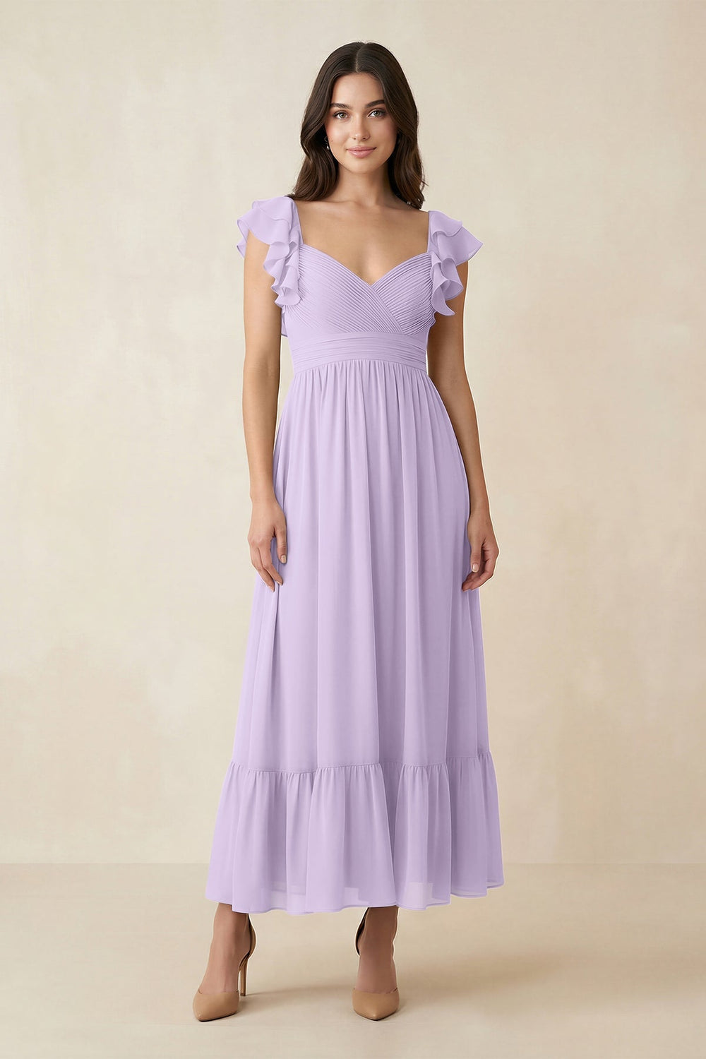 Flutter Sleeve Sweetheart A - Line Chiffon Bridesmaid Dress in Lavender - KissProm Bridesmaid Dresses
