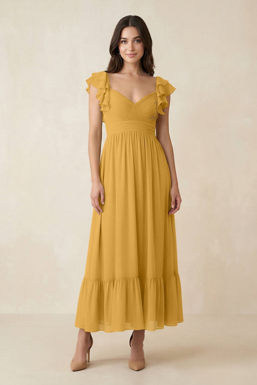 Flutter Sleeve Sweetheart A - Line Chiffon Bridesmaid Dress in Marigold - KissProm Bridesmaid Dresses