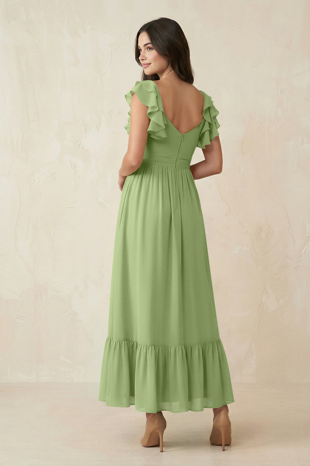 Flutter Sleeve Sweetheart A - Line Chiffon Bridesmaid Dress in Matcha - KissProm Bridesmaid Dresses