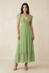 Flutter Sleeve Sweetheart A - Line Chiffon Bridesmaid Dress in Matcha - KissProm Bridesmaid Dresses