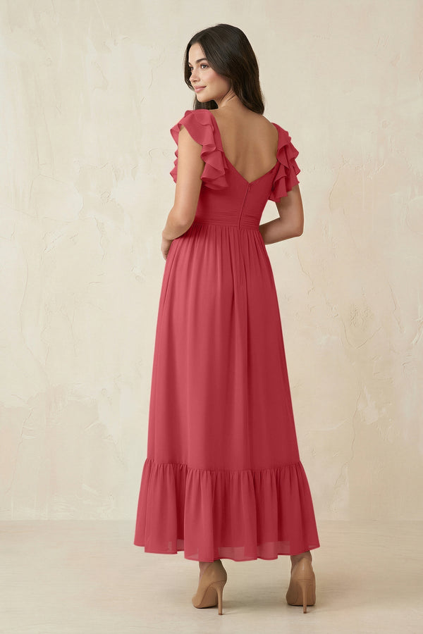 Flutter Sleeve Sweetheart A - Line Chiffon Bridesmaid Dress in Merlot - KissProm Bridesmaid Dresses