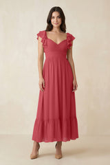 Flutter Sleeve Sweetheart A - Line Chiffon Bridesmaid Dress in Merlot - KissProm Bridesmaid Dresses