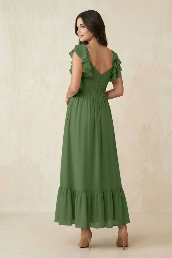 Flutter Sleeve Sweetheart A - Line Chiffon Bridesmaid Dress in Moss - KissProm Bridesmaid Dresses