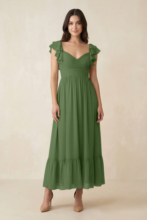 Flutter Sleeve Sweetheart A - Line Chiffon Bridesmaid Dress in Moss - KissProm Bridesmaid Dresses