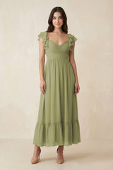 Flutter Sleeve Sweetheart A - Line Chiffon Bridesmaid Dress in Moss Green - KissProm Bridesmaid Dresses