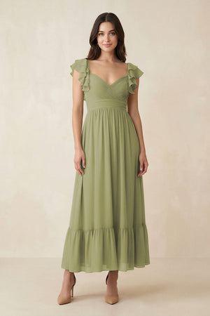 Flutter Sleeve Sweetheart A - Line Chiffon Bridesmaid Dress in Moss Green - KissProm Bridesmaid Dresses