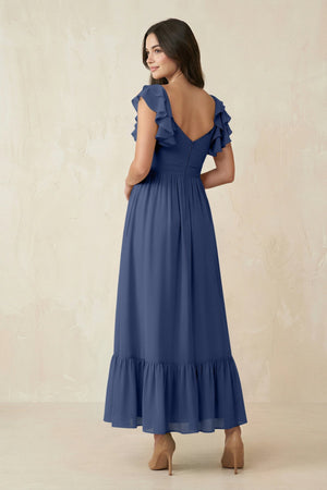 Flutter Sleeve Sweetheart A - Line Chiffon Bridesmaid Dress in Navy - KissProm Bridesmaid Dresses
