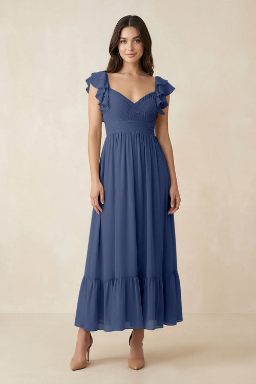 Flutter Sleeve Sweetheart A - Line Chiffon Bridesmaid Dress in Navy - KissProm Bridesmaid Dresses