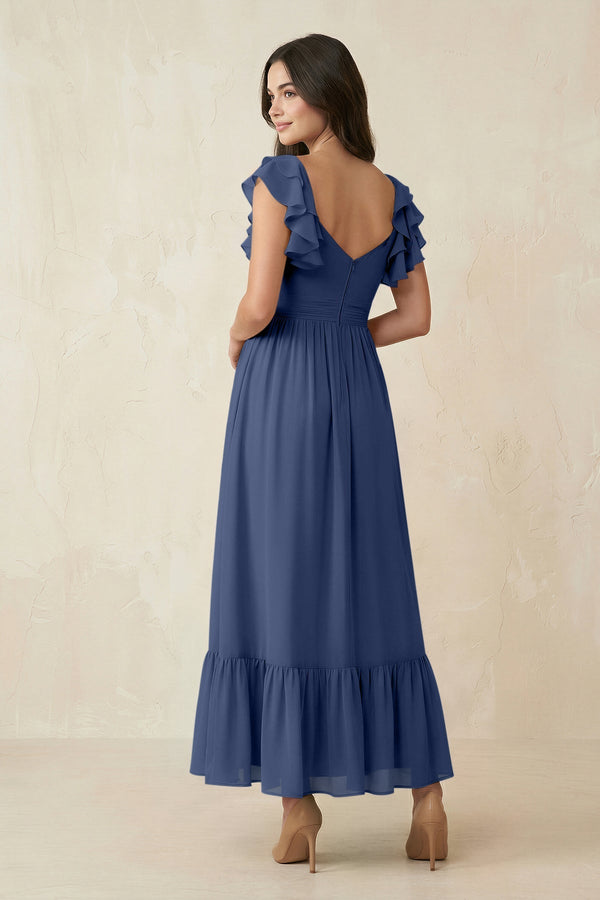 Flutter Sleeve Sweetheart A - Line Chiffon Bridesmaid Dress in Navy - KissProm Bridesmaid Dresses