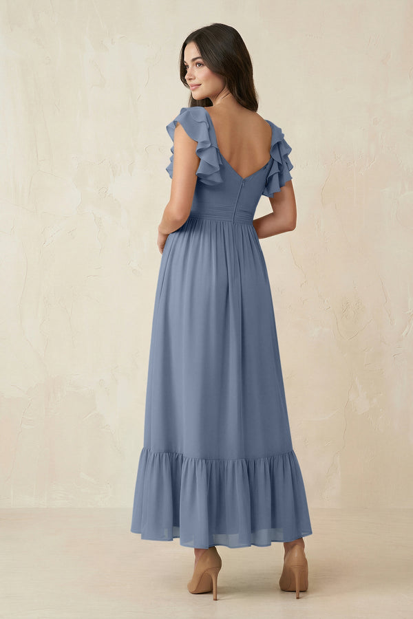 Flutter Sleeve Sweetheart A - Line Chiffon Bridesmaid Dress in Neptune - KissProm Bridesmaid Dresses