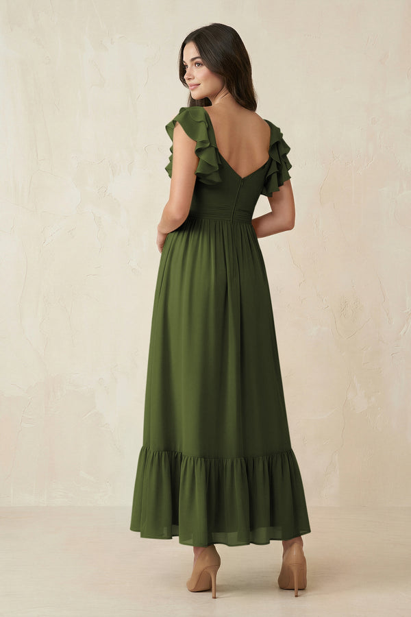 Flutter Sleeve Sweetheart A - Line Chiffon Bridesmaid Dress in Olive - KissProm Bridesmaid Dresses