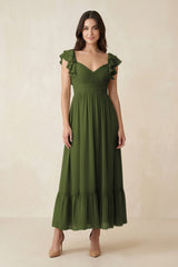Flutter Sleeve Sweetheart A - Line Chiffon Bridesmaid Dress in Olive - KissProm Bridesmaid Dresses
