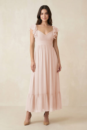 Flutter Sleeve Sweetheart A - Line Chiffon Bridesmaid Dress in Pale Blush - KissProm Bridesmaid Dresses