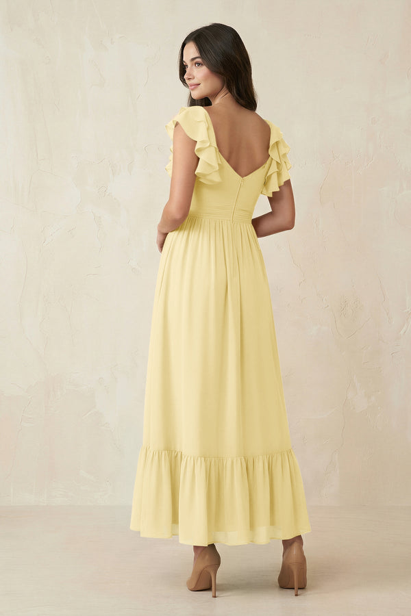 Flutter Sleeve Sweetheart A - Line Chiffon Bridesmaid Dress in Pastel Yellow - KissProm Bridesmaid Dresses